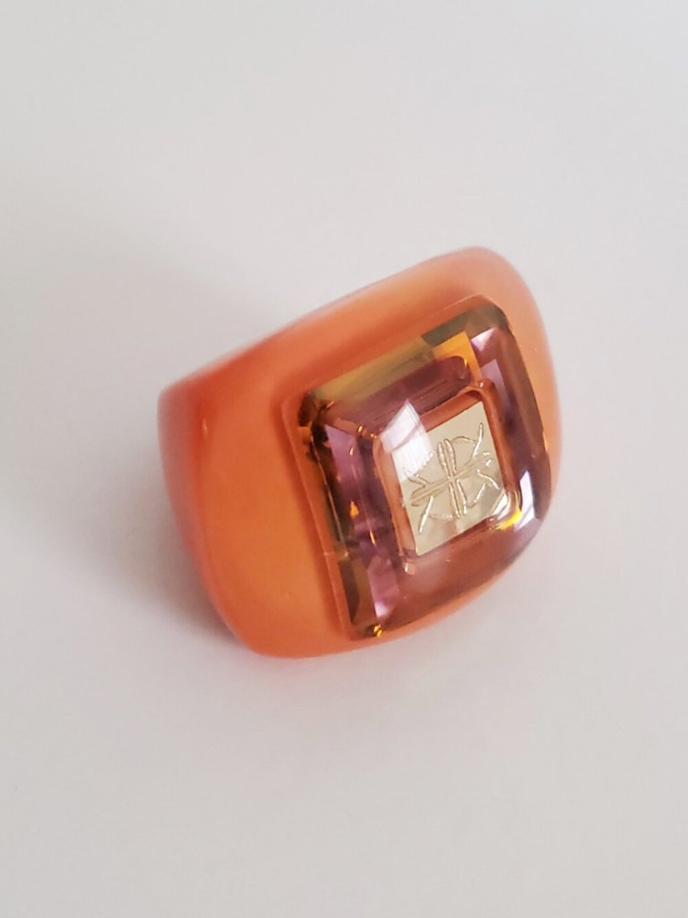 Luc Kieffer Tangerine Resin Swarovski Logo Ring Sz 6.5 NWOT